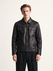 Man wearing the Budapest black leather trucker jacket, alternate full-body view