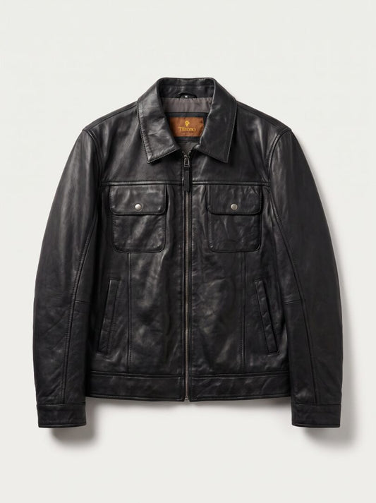 Budapest black leather trucker jacket for men, product-only front view