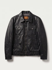 Budapest black leather trucker jacket for men, product-only front view