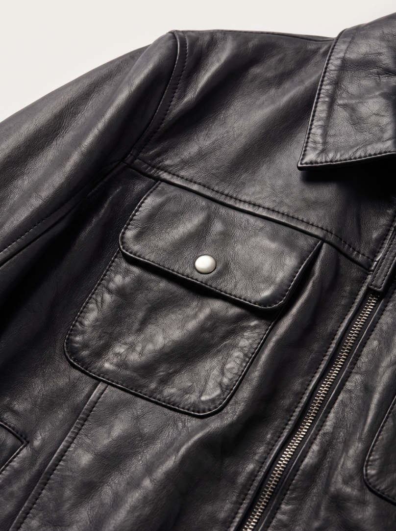 Budapest black leather jacket for men, leather texture close-up detail | Tifrano genuine leather
