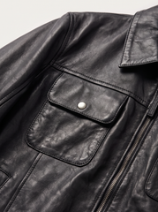 Budapest black leather jacket for men, leather texture close-up detail | Tifrano genuine leather