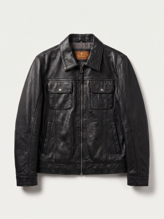 Budapest black leather jacket for men, product front view | Tifrano genuine leather