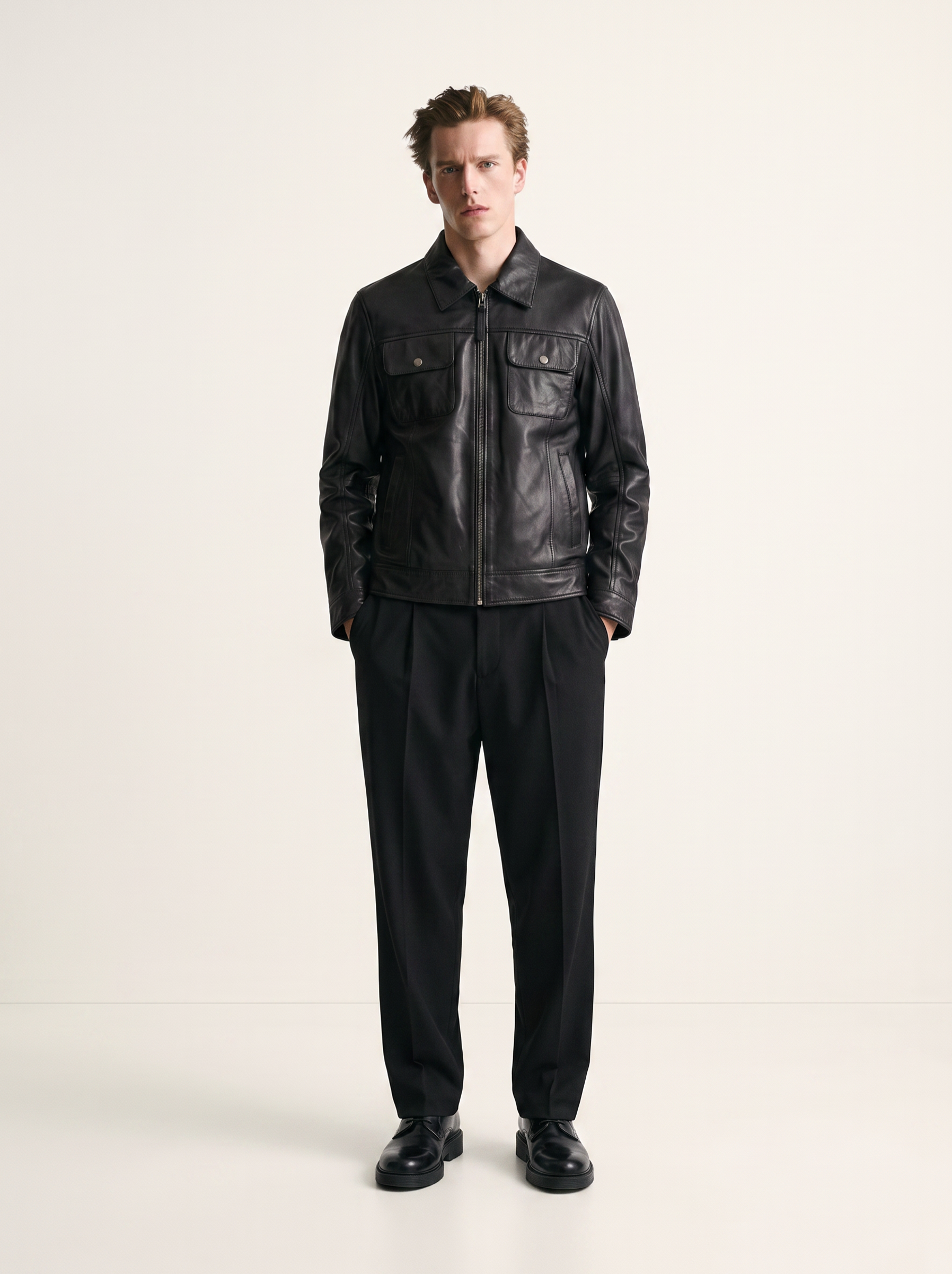 Budapest black leather jacket for men, worn by a male model, front view | Tifrano genuine leather