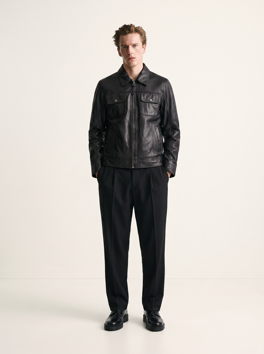 Budapest black leather jacket for men, worn by a male model, front view | Tifrano genuine leather