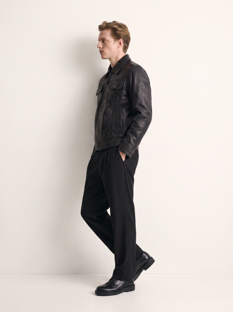 Budapest black leather jacket for men, worn by a male model, side view | Tifrano genuine leather