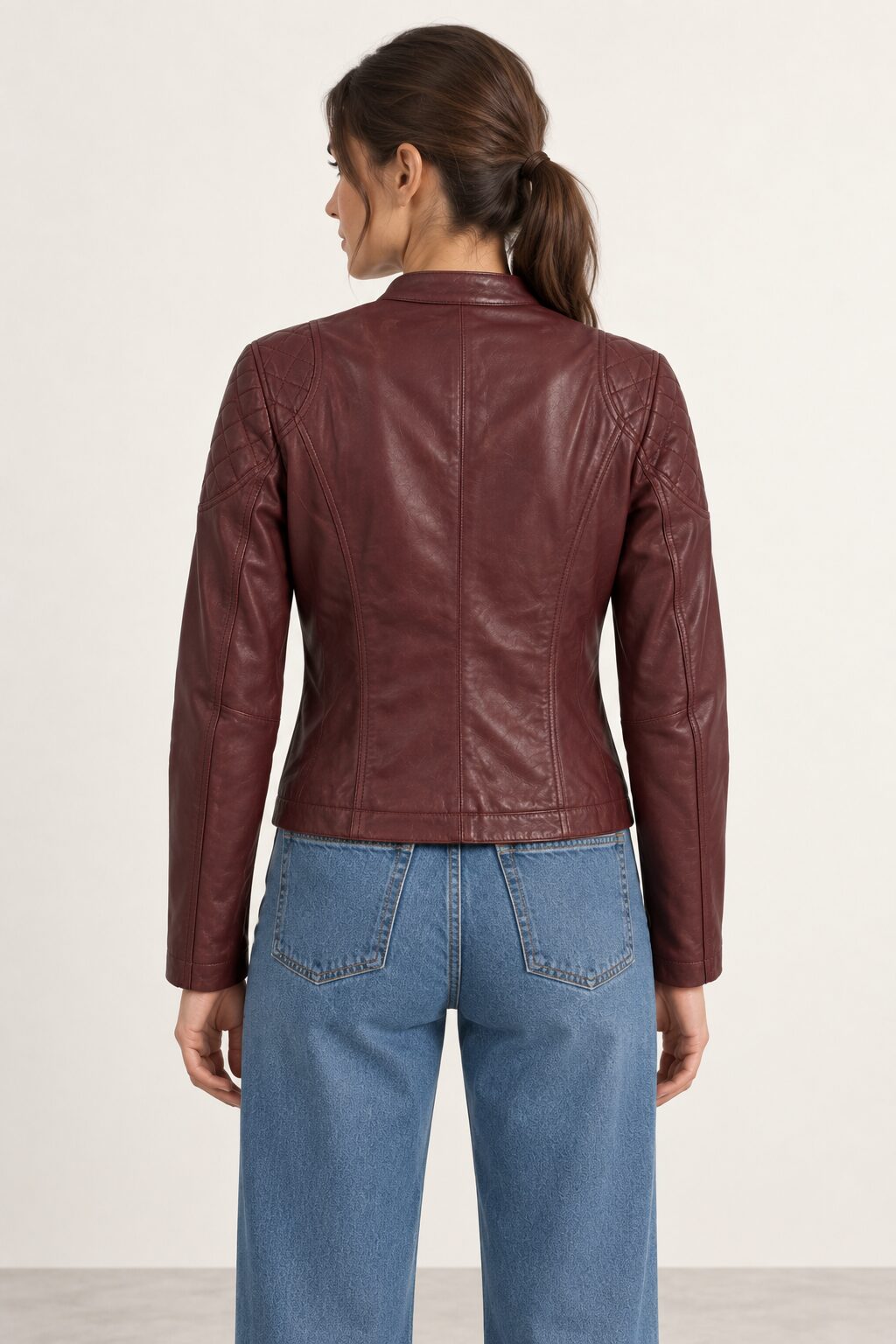 Bursa burgundy leather jacket for women, back view