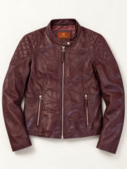 Bursa burgundy leather jacket for women, product-only front view