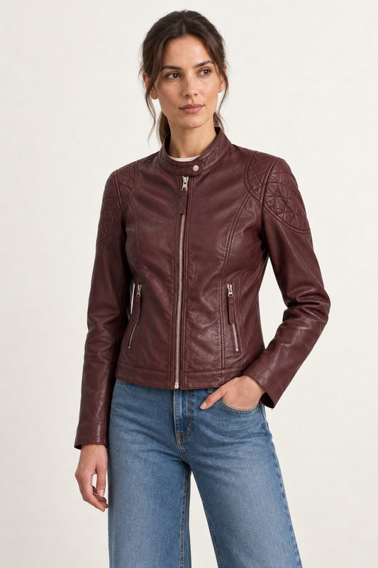 Woman wearing the Bursa burgundy leather jacket, three-quarter view