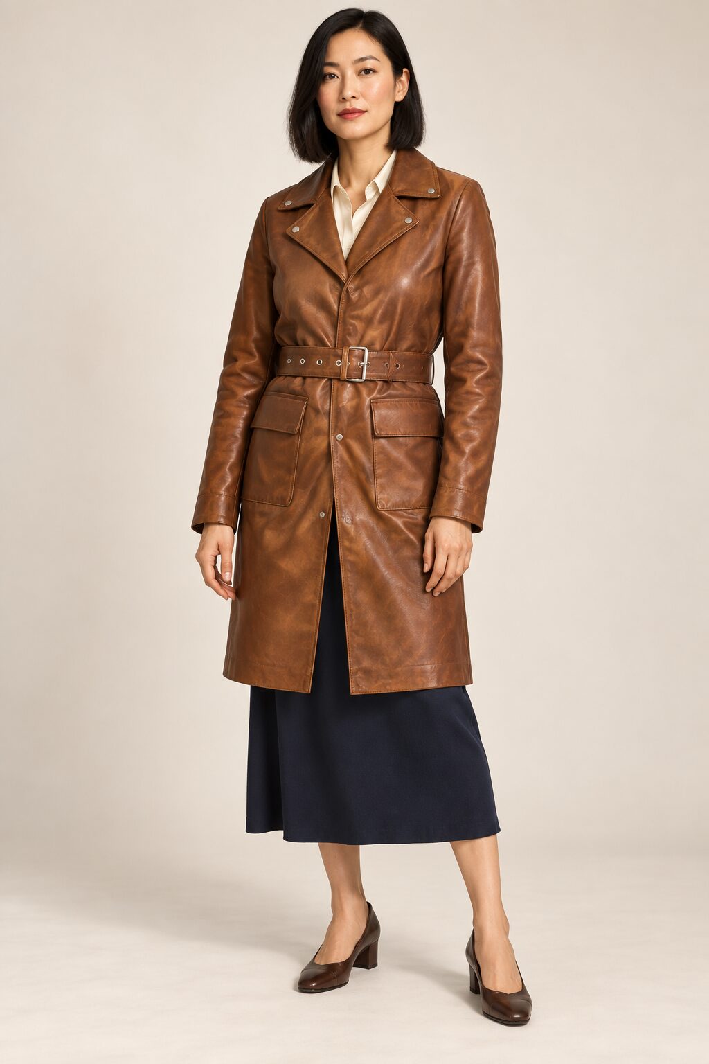 Woman wearing the Calafate brown leather coat, full-body front view