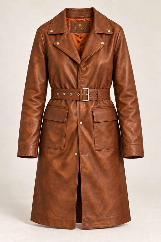 Calafate brown leather coat for women, product-only front view