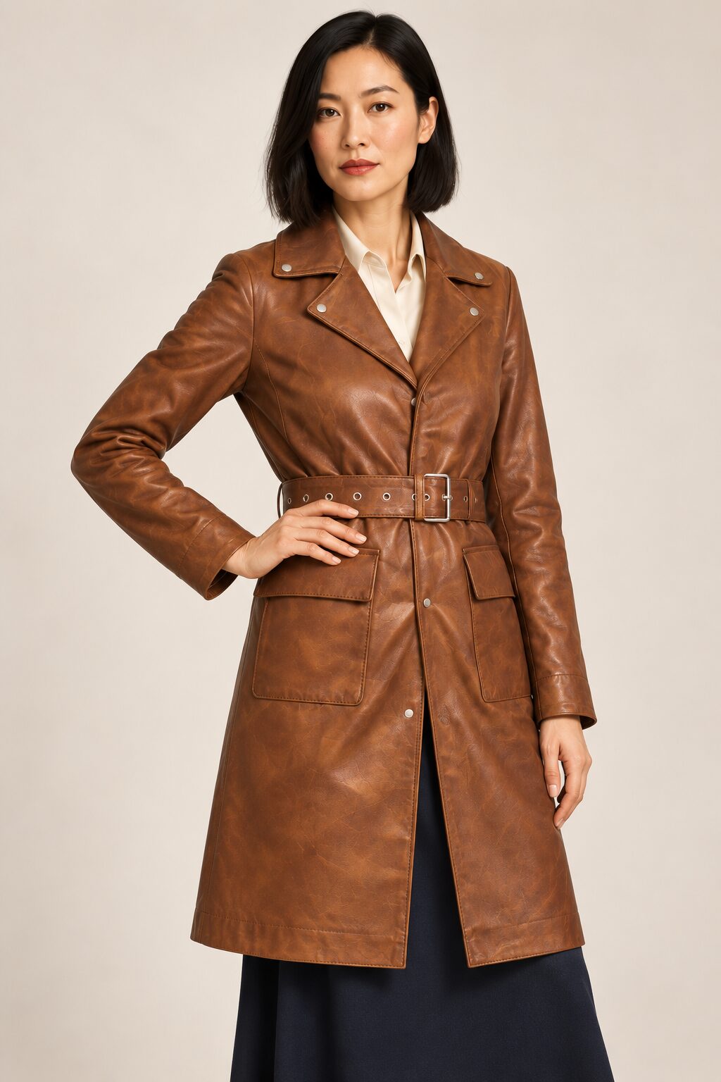 Woman wearing the Calafate brown leather coat, three-quarter view