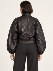 Electra black leather jacket with puff sleeves for women, back view