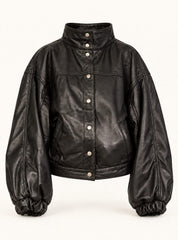 Electra black leather jacket with puff sleeves for women, product-only front view