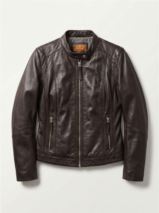 Tifrano Firenze chocolate brown genuine leather jacket for women — front view