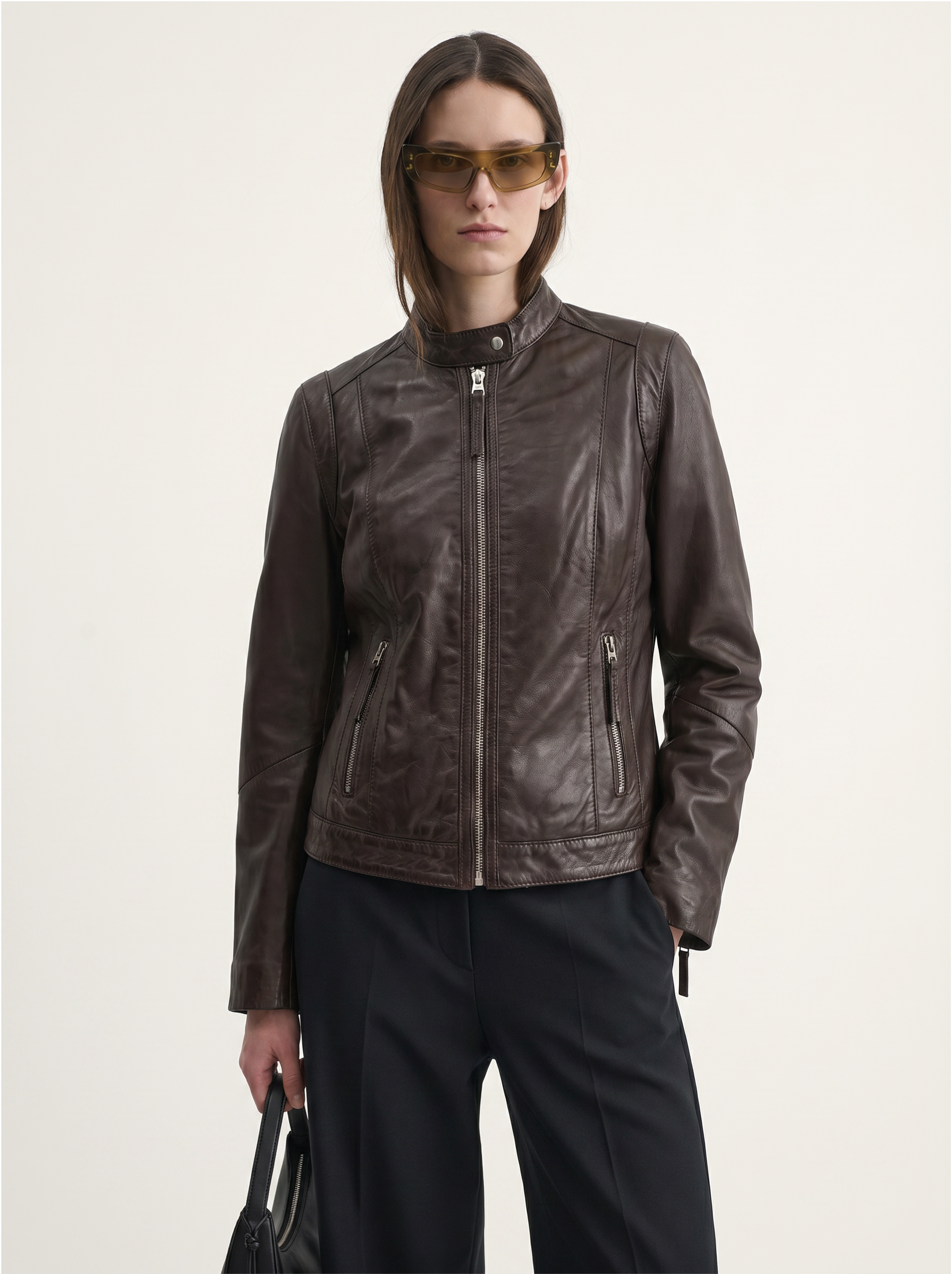 Woman wearing Tifrano Firenze chocolate brown leather jacket — front view