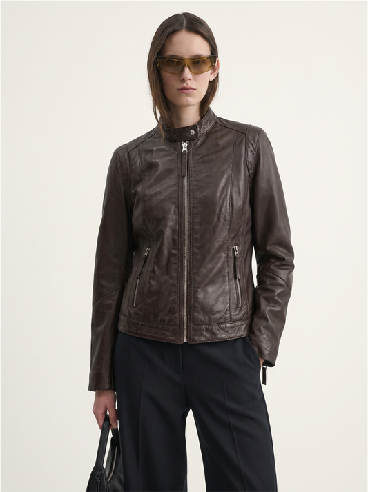 Woman wearing Tifrano Firenze chocolate brown leather jacket — front view