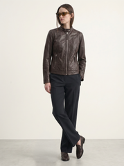 Woman wearing Tifrano Firenze chocolate leather jacket - full body styling