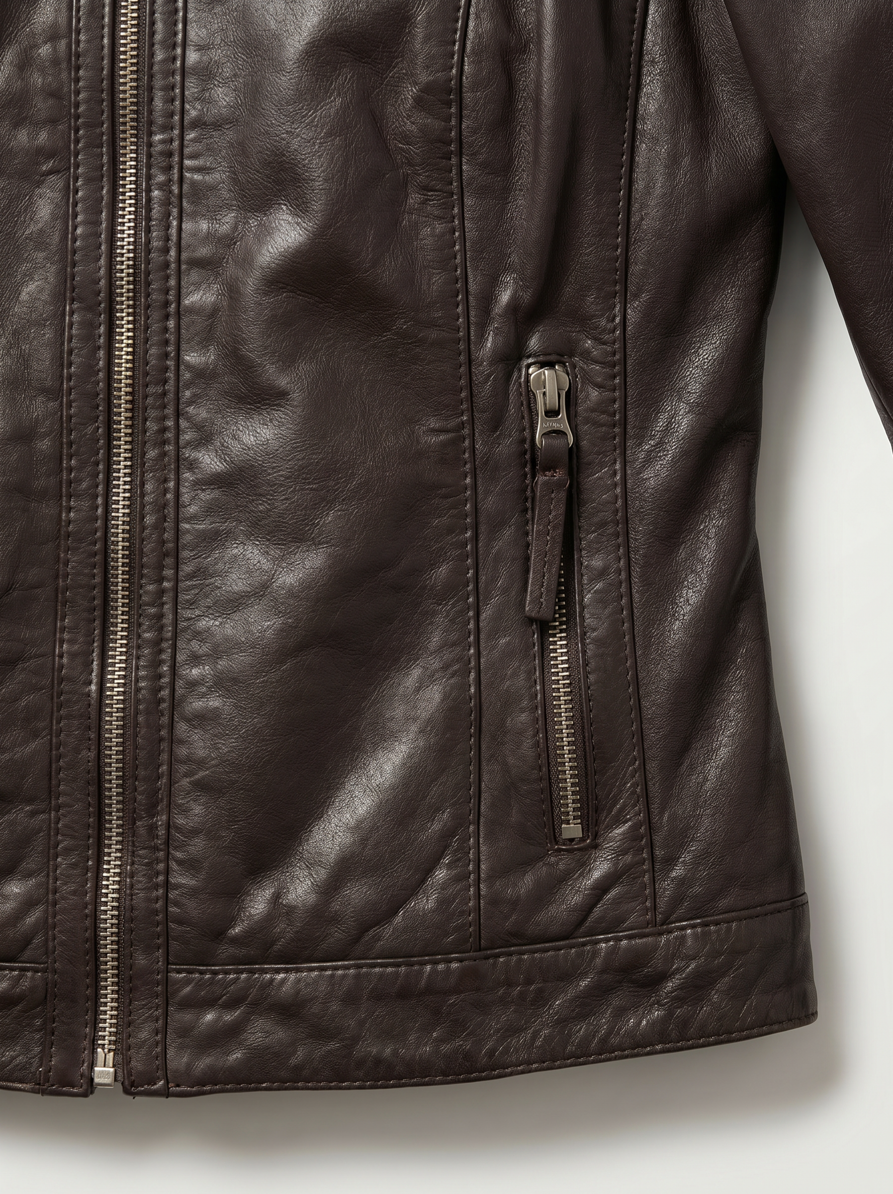 Tifrano Firenze chocolate leather jacket grain texture and zip pocket detail