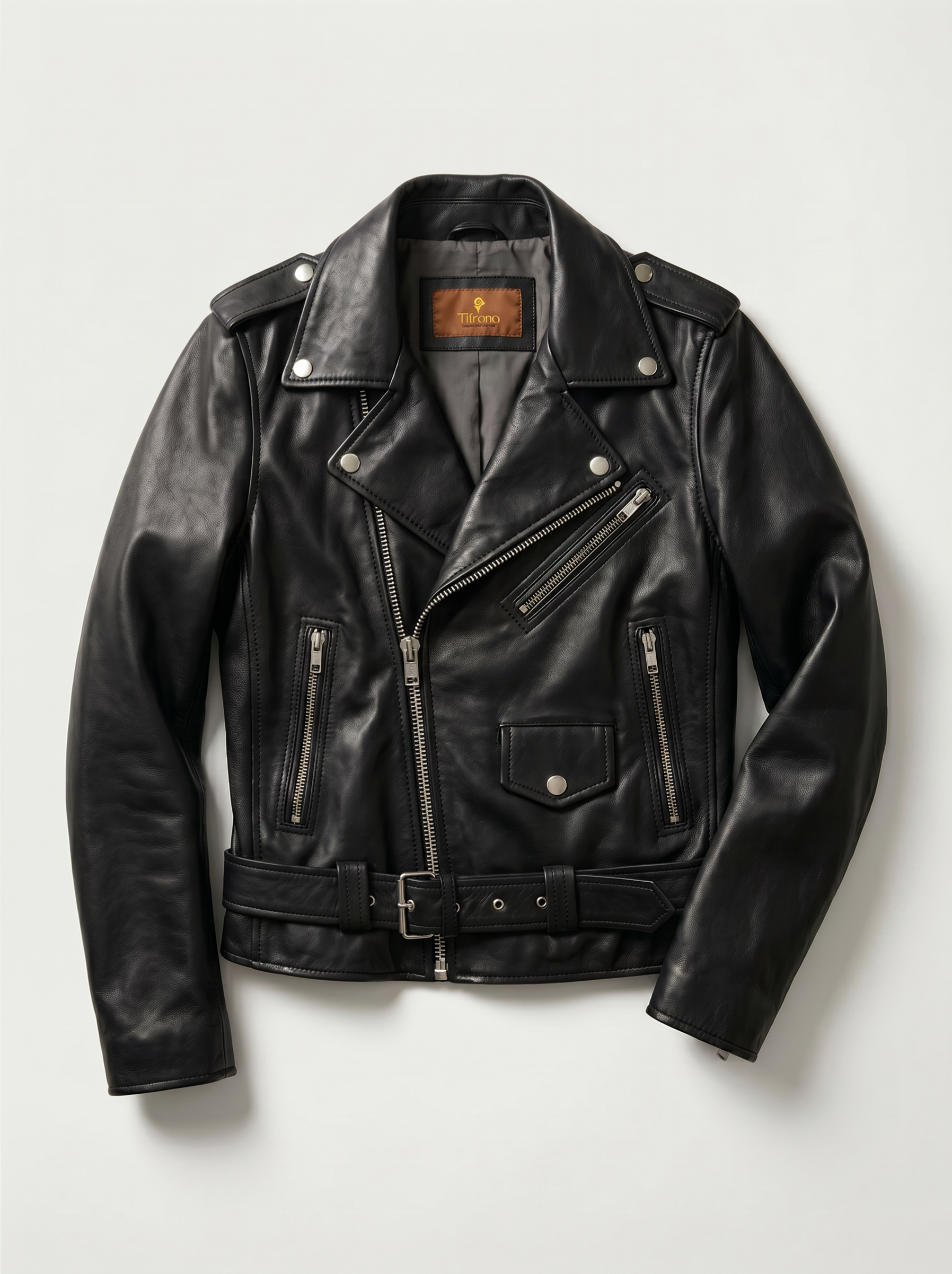 Tifrano Glasgow black genuine leather biker jacket for women with waist belt - front view casaco