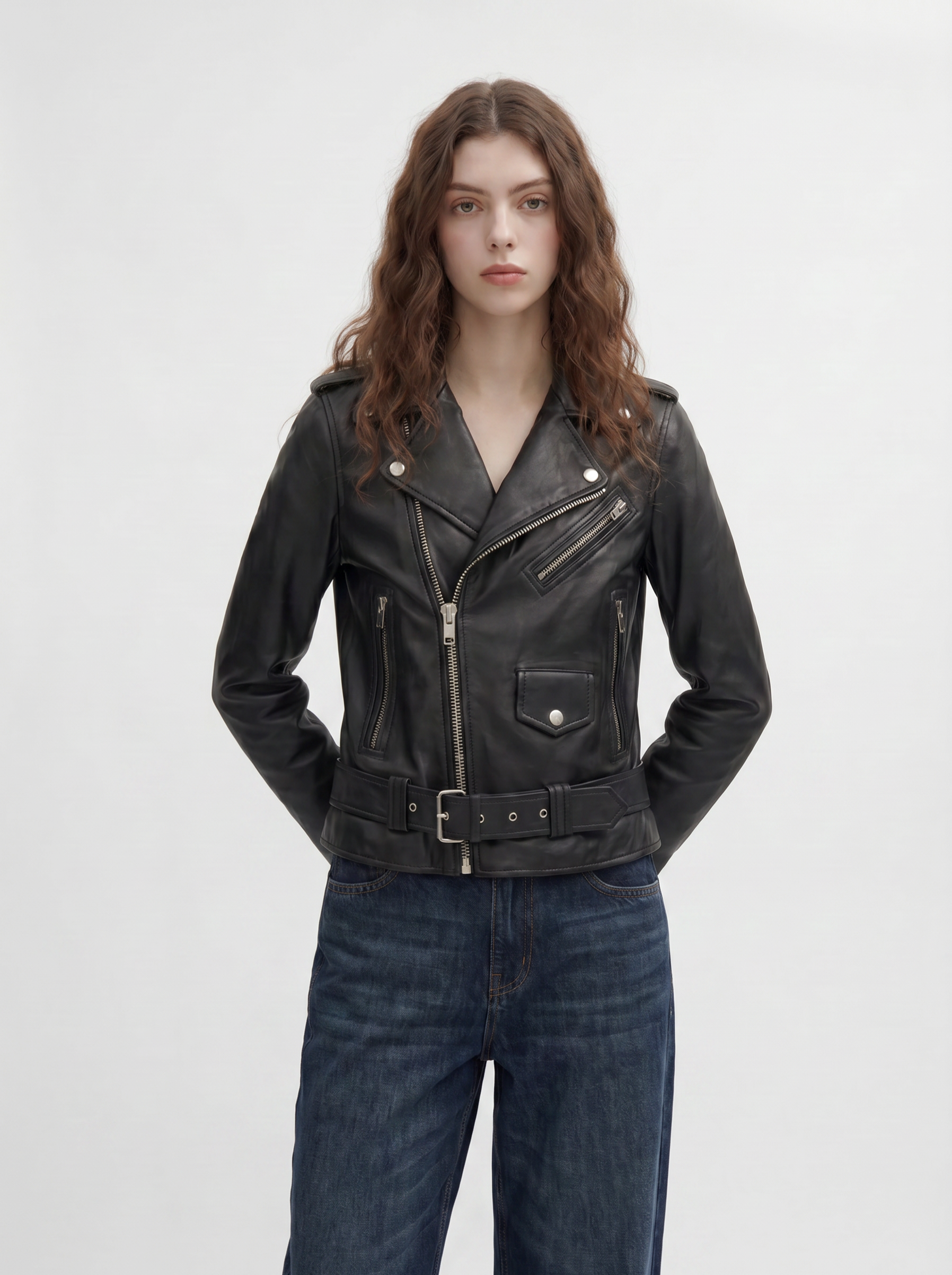 Woman wearing Tifrano Glasgow black leather biker jacket - front view