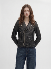 Woman wearing Tifrano Glasgow black leather biker jacket - front view