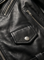 Tifrano Glasgow black leather jacket snap button pocket and zip hardware detail