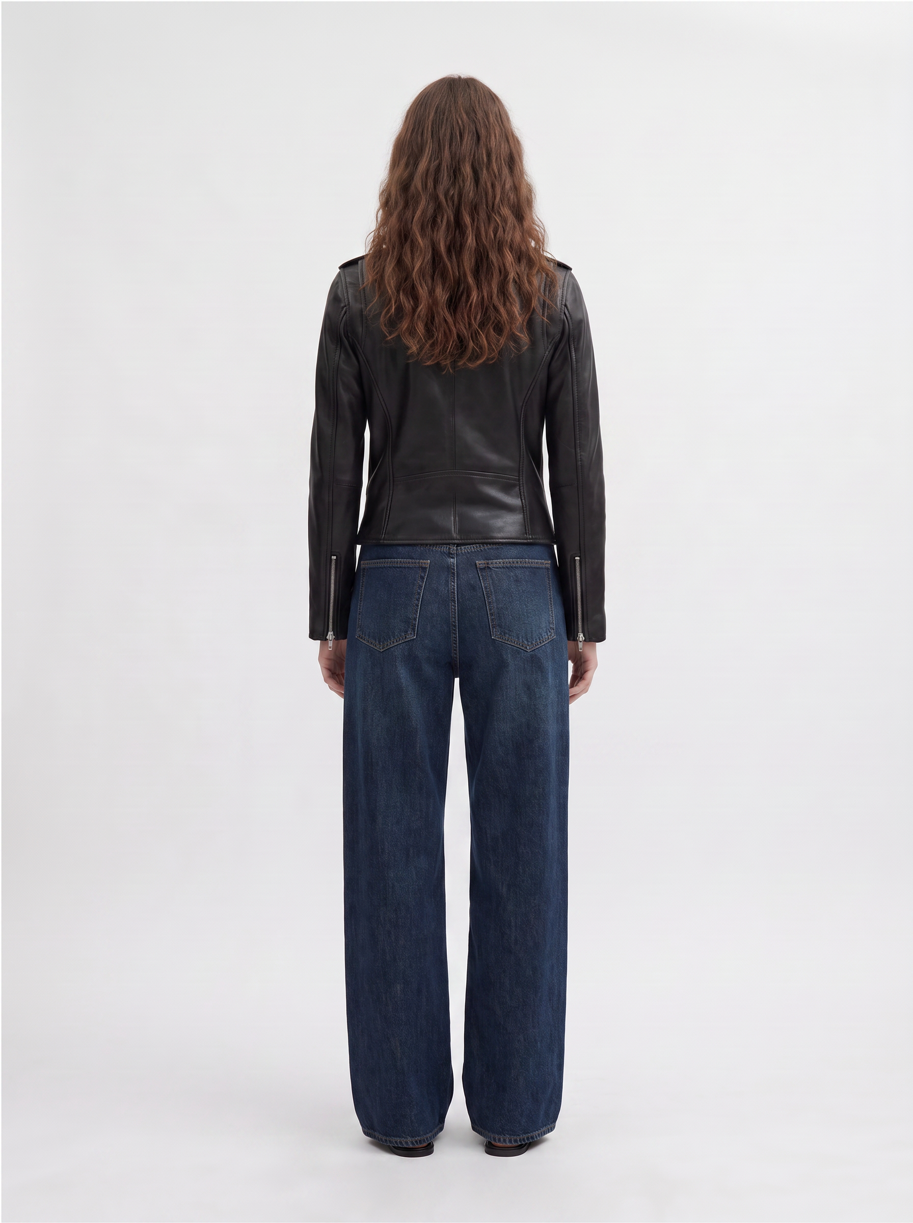 Glasgow black leather biker jacket for women on model, back view