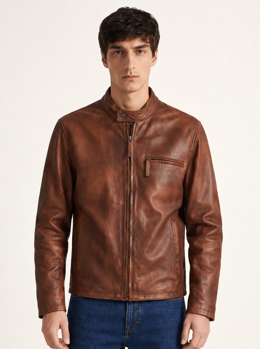 Man wearing the Guadalajara distressed brown leather jacket, alternate full-body view