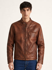 Man wearing the Guadalajara distressed brown leather jacket, alternate full-body view