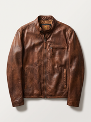 A brown distressed leather jacket with a stand-up collar, front zipper, and zippered chest pocket, displayed on a light gray background.