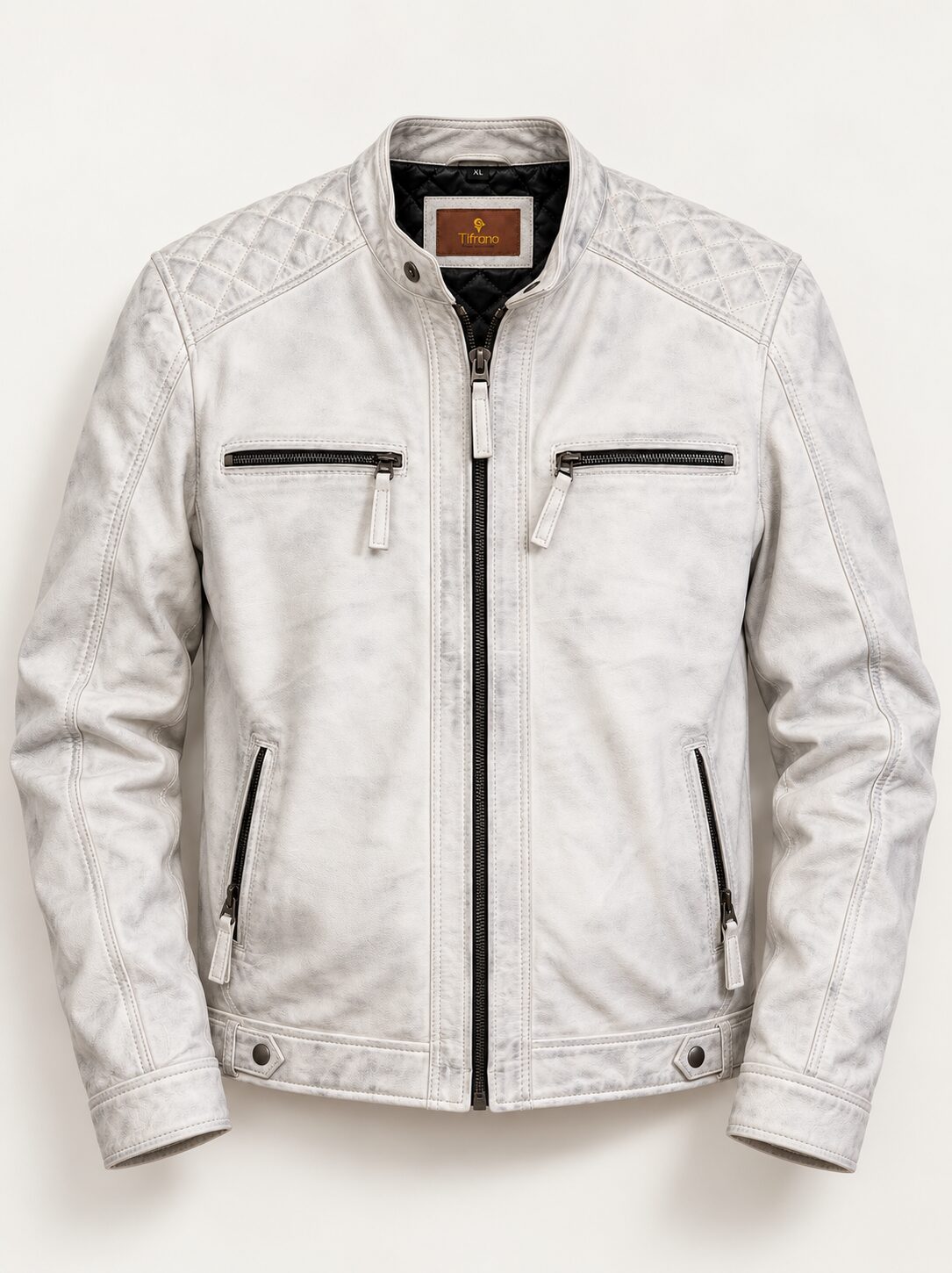 Helsinki white distressed leather jacket for men, product-only front view