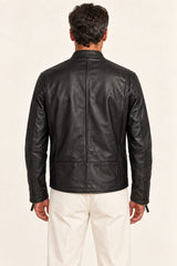 Las Vegas black leather racer jacket for men, back view