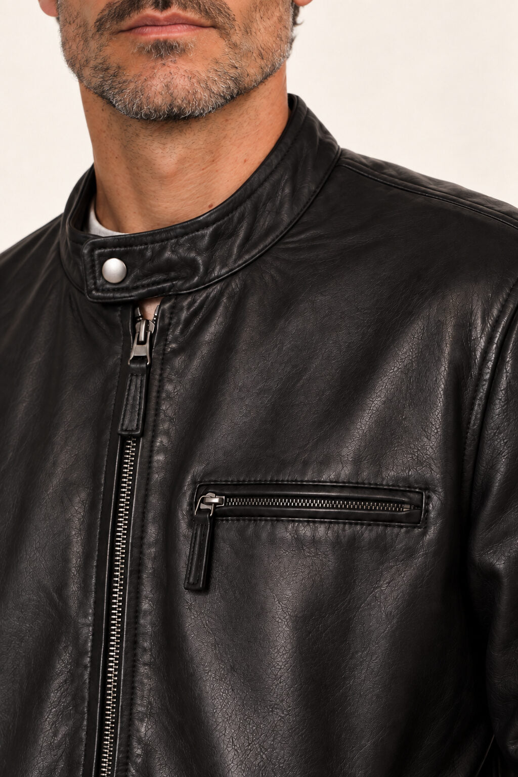 Close-up detail of the Las Vegas black leather racer jacket
