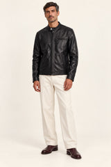 Man wearing the Las Vegas black leather racer jacket, full-body front view