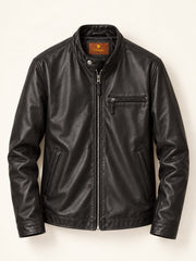 Las Vegas black leather racer jacket for men, product-only front view