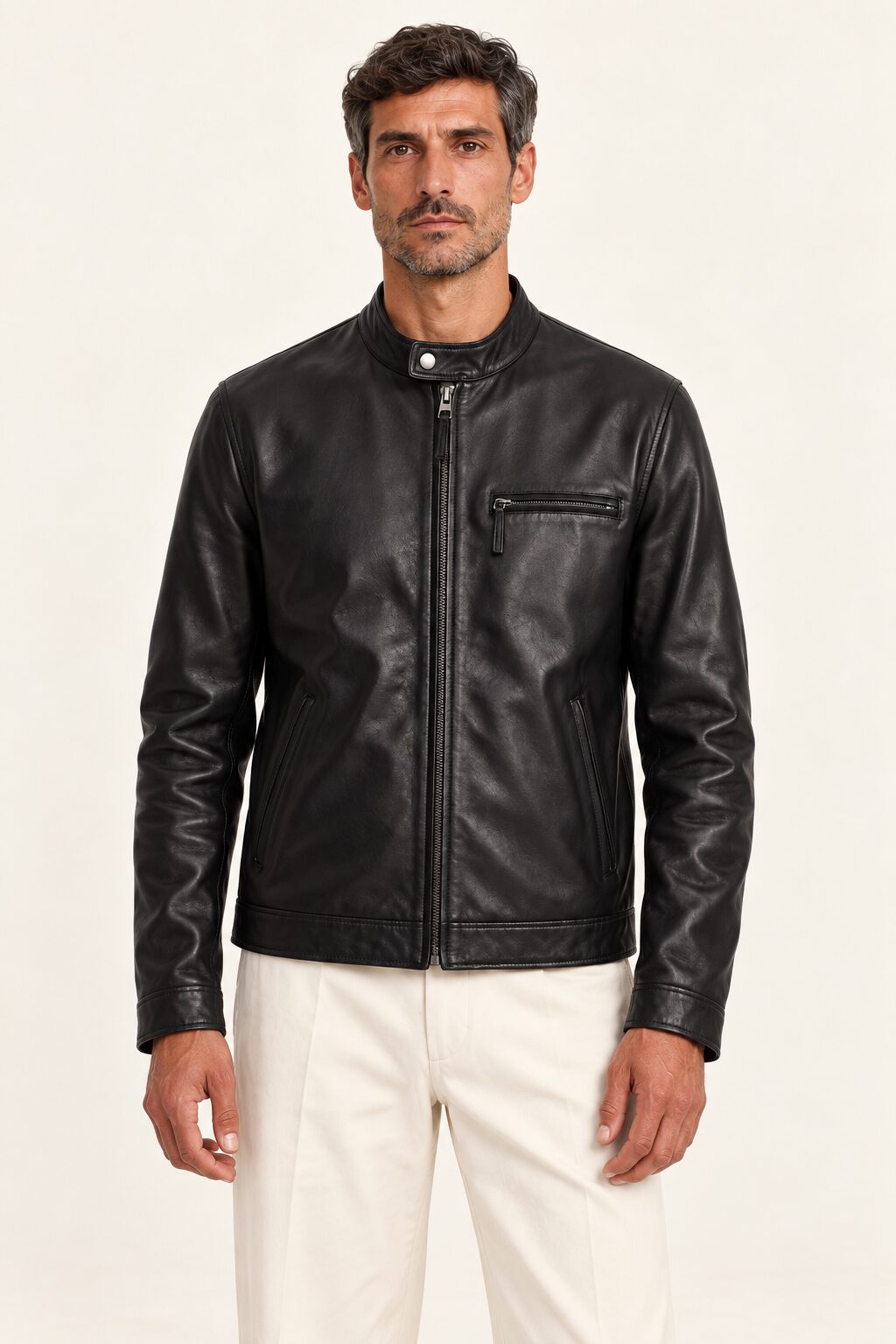 Man wearing the Las Vegas black leather racer jacket, three-quarter view