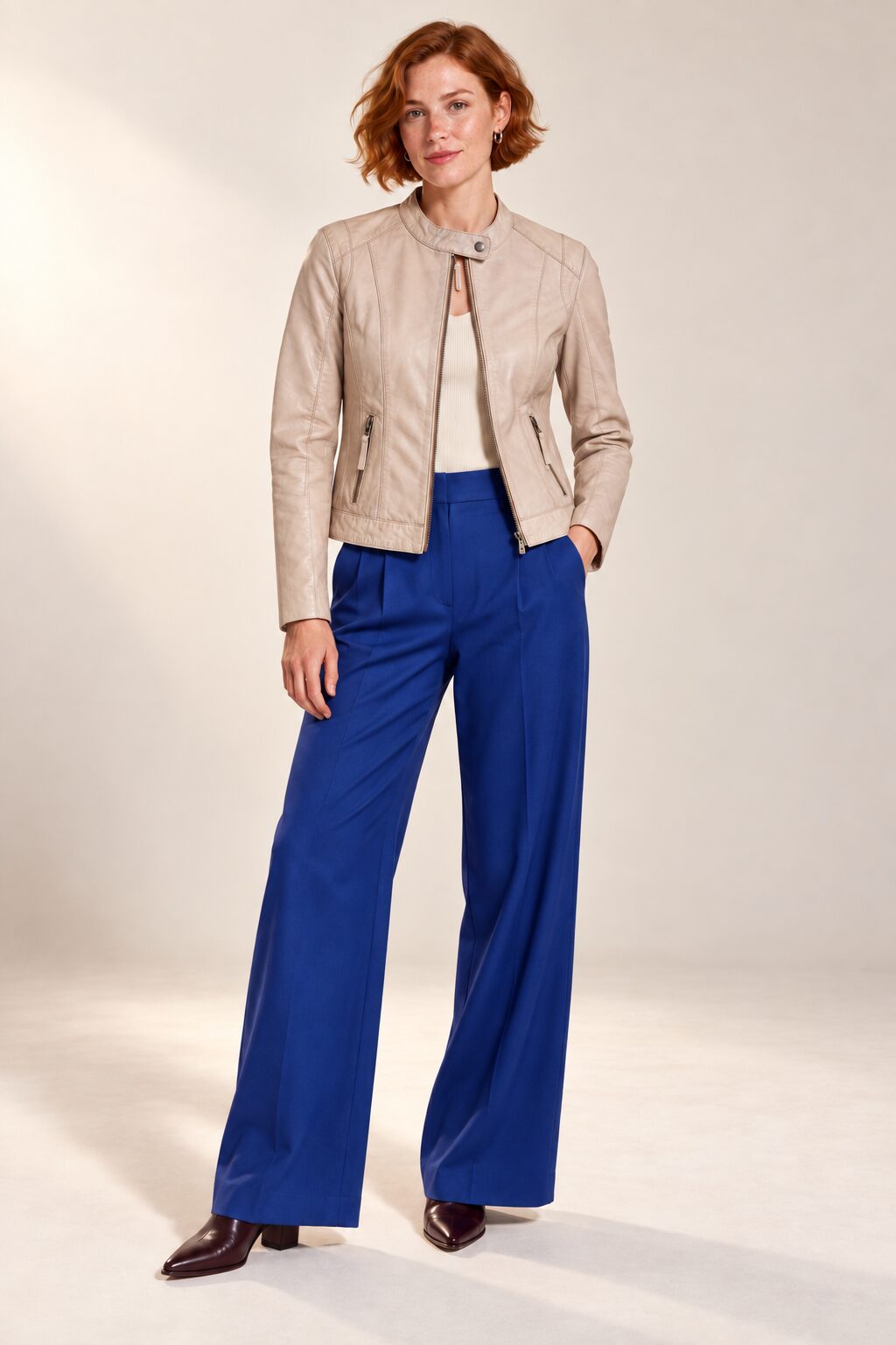 Woman wearing the Tifrano Lucca cream leather jacket – full body front view