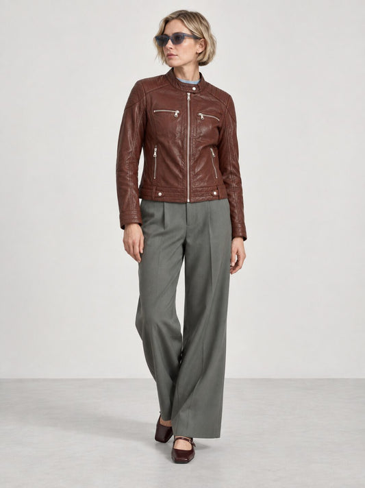 Lyon brown leather jacket by Tifrano, women's full-body front view