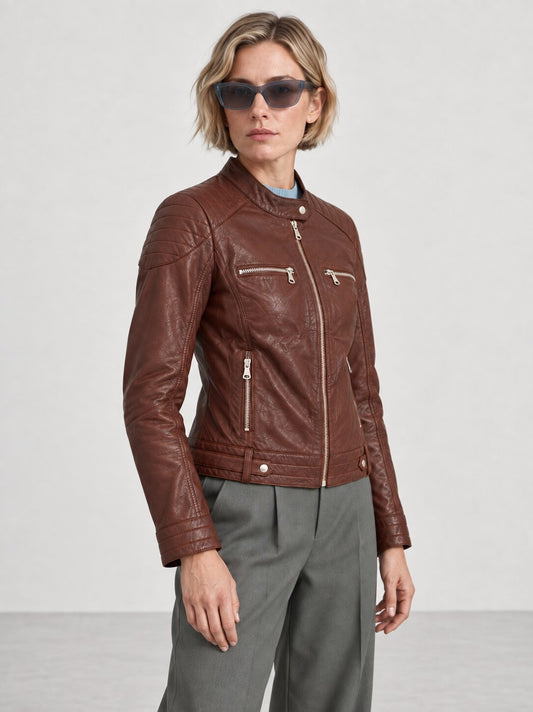 Lyon brown leather jacket by Tifrano, women's three-quarter view