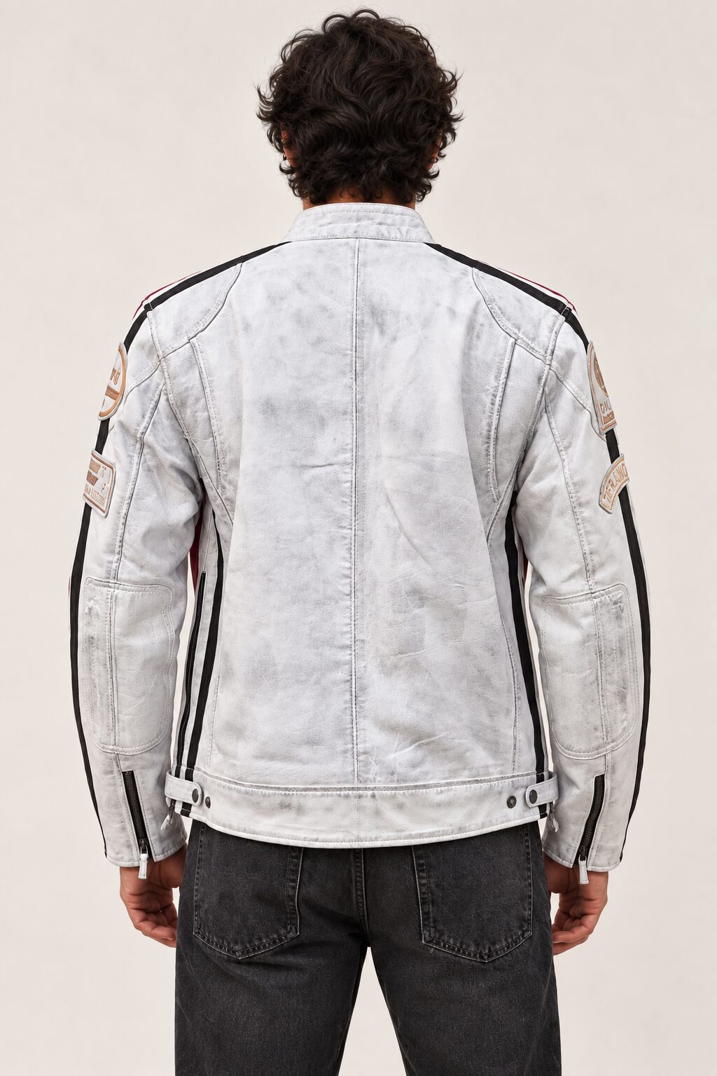 Man wearing the Tifrano MB dirty white leather jacket, back view showing the racing stripe detailing