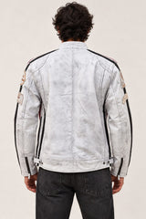 Man wearing the Tifrano MB dirty white leather jacket, back view showing the racing stripe detailing