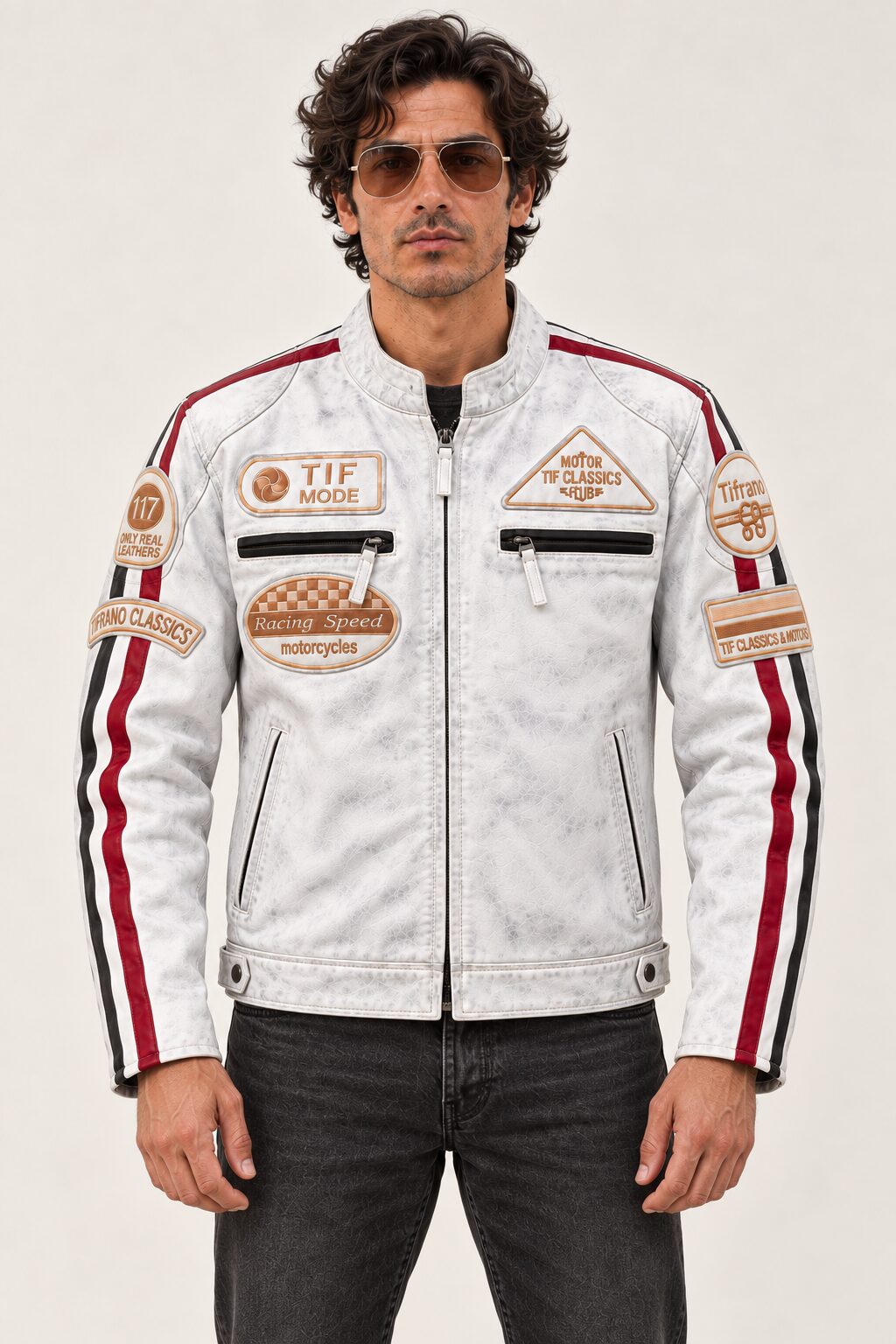 Man modeling the Tifrano MB dirty white leather jacket, front three-quarter view showing racing patches and zip pockets
