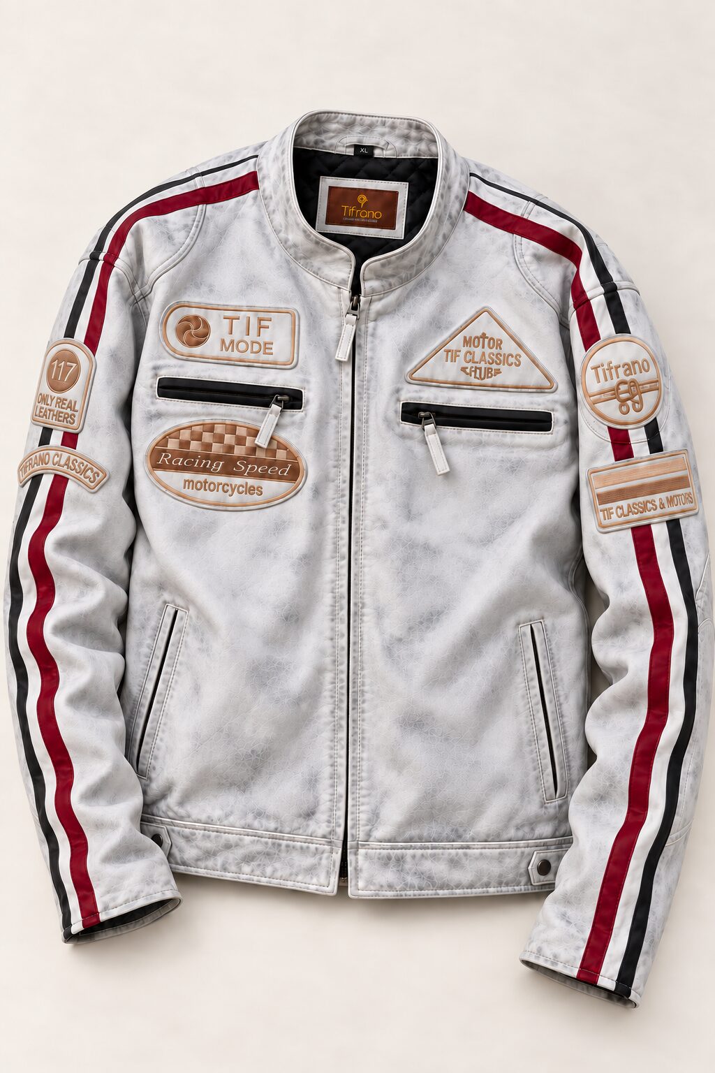 Tifrano MB dirty white leather biker jacket for men, flat lay front view with racing patches and burgundy-black stripes
