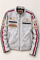 Tifrano MB dirty white leather biker jacket for men, flat lay front view with racing patches and burgundy-black stripes