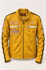 Tifrano MB yellow leather biker jacket for men, flat lay front view with racing patches and black-white stripes