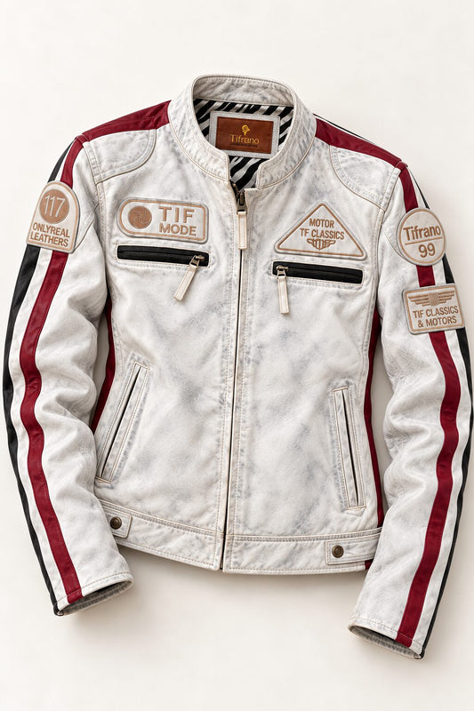 Tifrano MB dirty white leather biker jacket for women, flat lay front view with racing patches and burgundy-black stripes