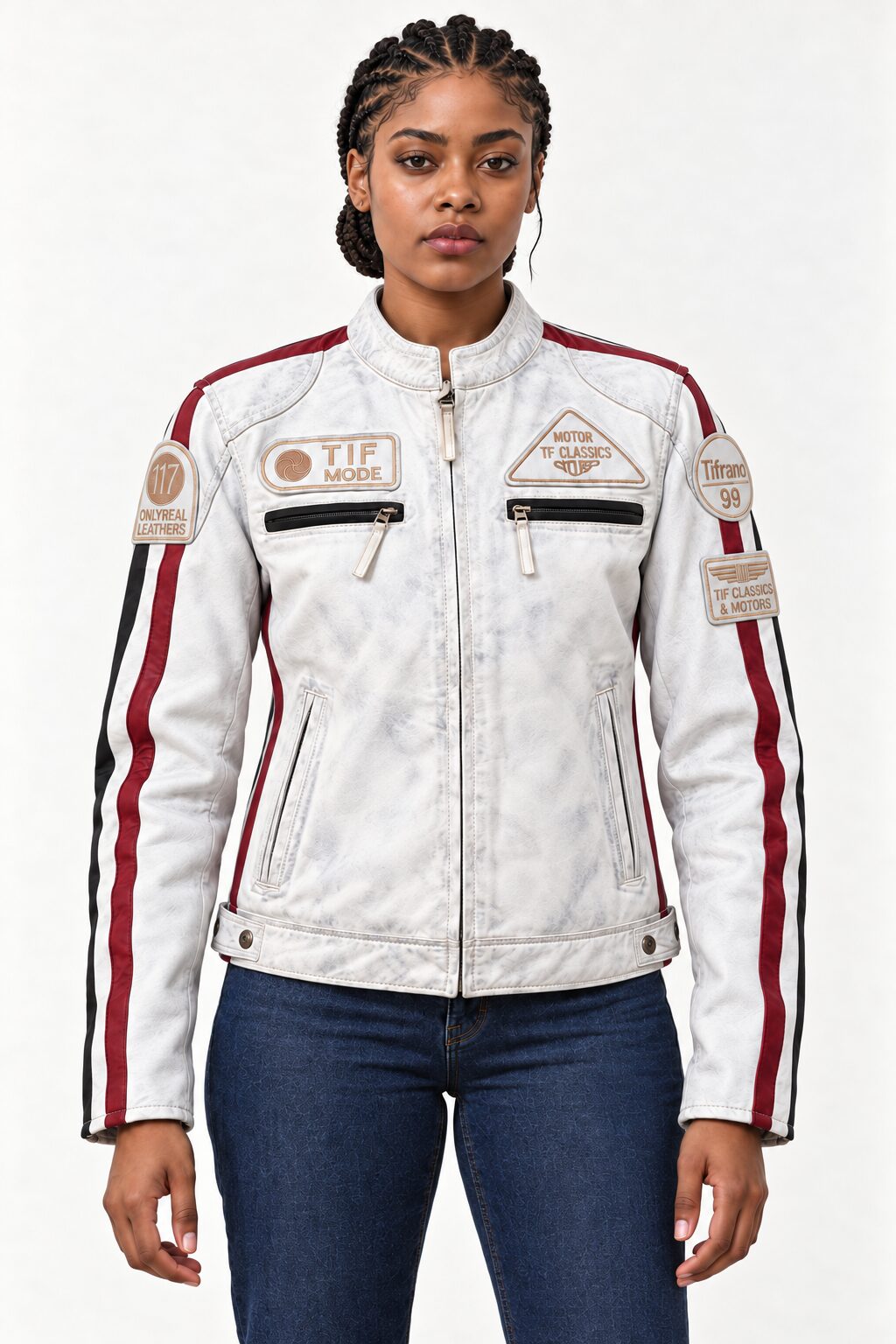 Woman modeling the Tifrano MB dirty white leather jacket, front three-quarter view with visible patches and zip pockets