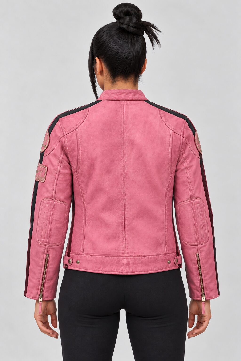 Pink leather biker jacket with patches for women, back view