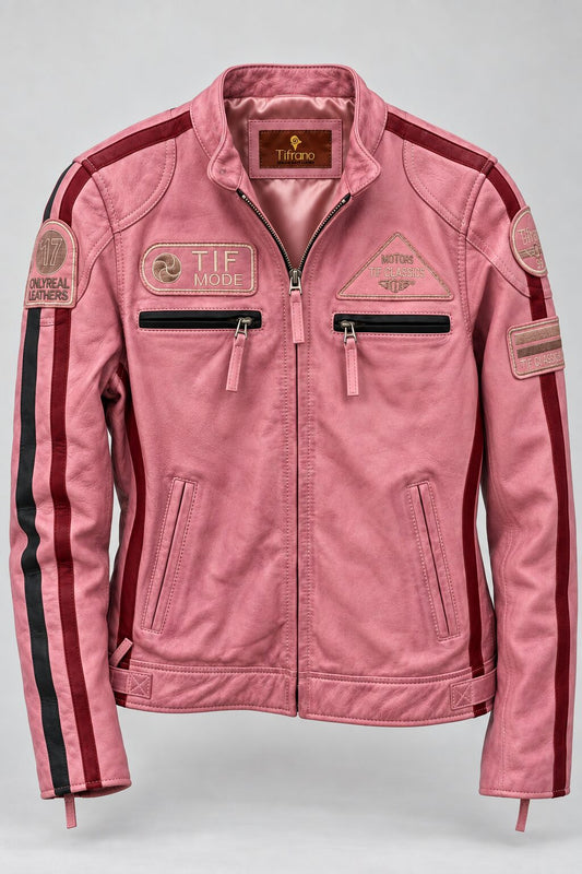 Pink leather biker jacket with patches for women, product-only front view