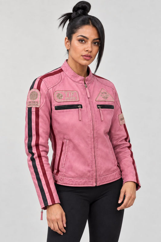 Woman wearing the pink leather biker jacket with patches, three-quarter view